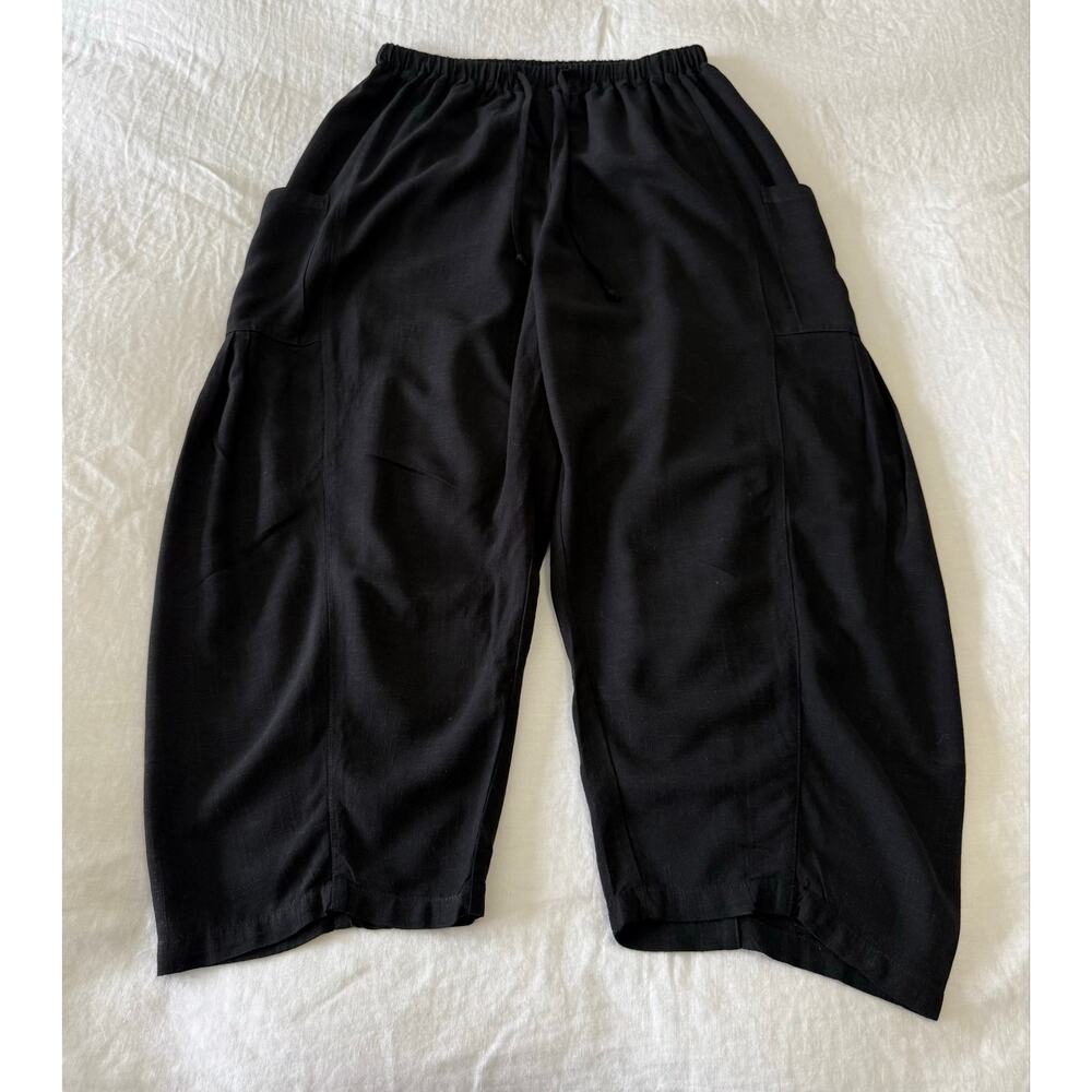 TARSE | Women M | Black Linen Blend Wide Leg Pants | Elastic Waist | Lagenlook